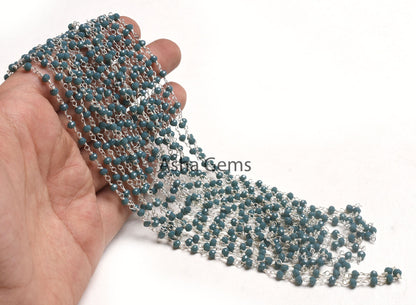1,5,25, Ft Chain, Light Neon Blue Apatite Hydro Silver Plated Rosary Chain, Faceted Micro Cut Beads Chain Wire Bulk Finding Chain Jewelry
