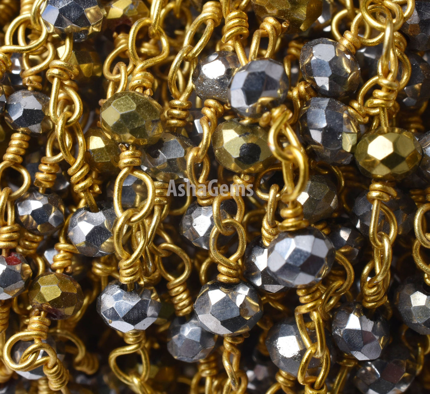 1,3,5,10 Ft, Silver Pyrite Hydro Faceted Rondelle Beaded Rosary Chain Gold Plated Wire Jewelry Making Finding,3-3.5mm Pyrite Hydro Chain