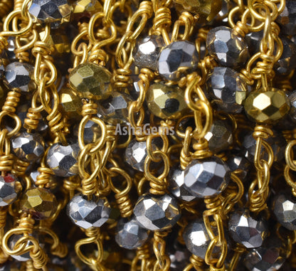 1,3,5,10 Ft, Silver Pyrite Hydro Faceted Rondelle Beaded Rosary Chain Gold Plated Wire Jewelry Making Finding,3-3.5mm Pyrite Hydro Chain
