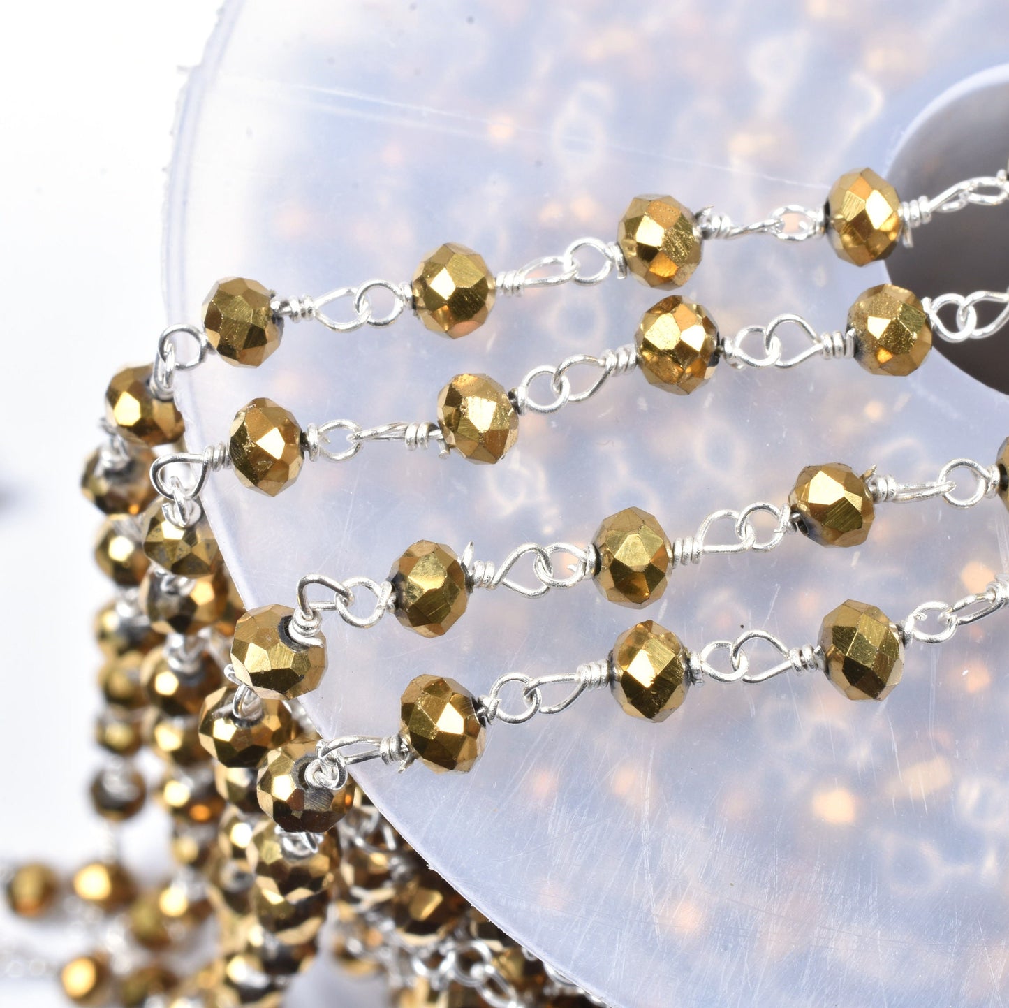 SALE 3,5,10,25Ft Golden Pyrite Hydro Faceted Rondelle Beaded Rosary Chain Silver Plated Wire,Jewelry Making Finding,Wire Wrapped Chain 3-3.5
