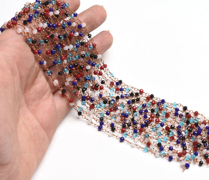 Beautiful Multi Color Disco Hydro Beads Rondelle Rosary Chain,3.5mm Rose Gold Plated Wire Wrap Micro Cut Beaded Chain Jewelry Making Necklace