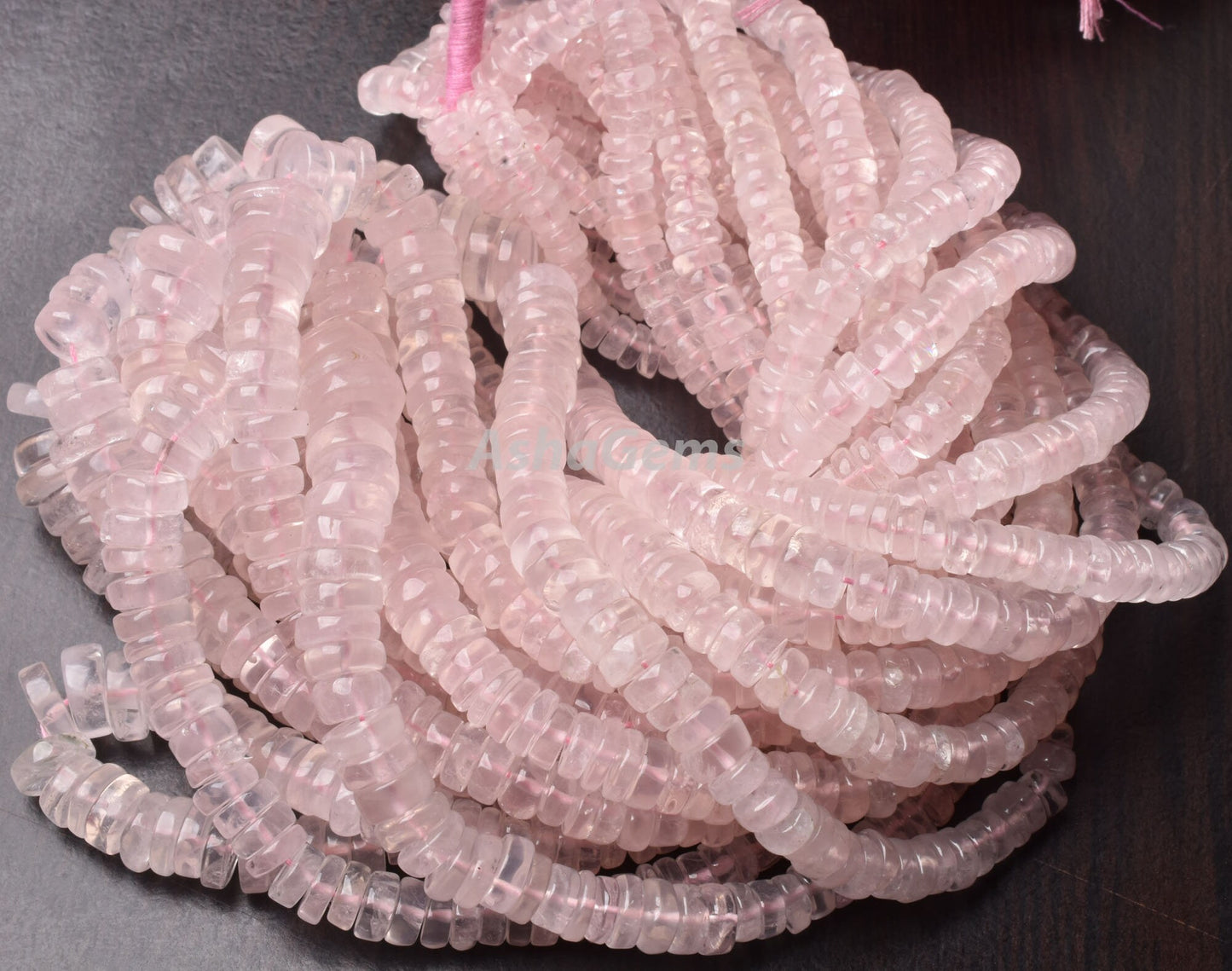 Natural Rose Quartz Smooth Heishi Tyre Gemstone Beads, Pink Rose Quartz, AAA Rose Quartz Bead Heishi Tyre Center Drill Rose Pink Wheel Beads