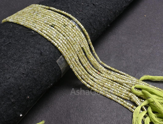 2.5mm Beautiful Light Green Zircon Micro Cut Faceted Rondelle Tiny Beads,13" AAA Prehnite Color Cubic Zirconia Machine Cut Bead Jewelry SALE