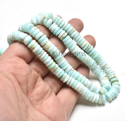 16 Inch Strand Sky Blue Opal Smooth Handmade Flat Tyre Gemstone Beads, Opal Plain Wheel Shape Center Drill Beads Blue Opal Bead Jewelry SALE