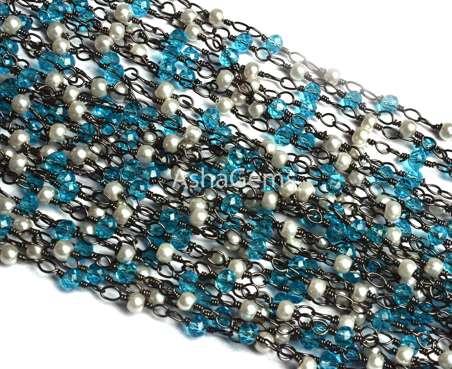 White Pearl, Blue Topaz Hydro Beads Rosary Chain Black Plated Wire Wrap Chain Faceted Rondelle Beaded Chain Jewelry Making Finding Chain DIY