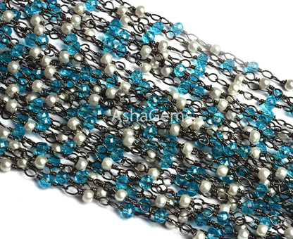 White Pearl, Blue Topaz Hydro Beads Rosary Chain Black Plated Wire Wrap Chain Faceted Rondelle Beaded Chain Jewelry Making Finding Chain DIY