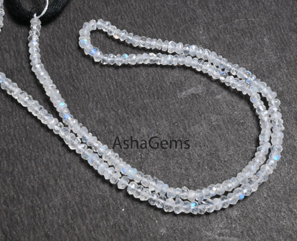 Natural Rainbow Moonstone Faceted Rondelle Shape Beads,13" Strand Blue Fire Rainbow Indian Machine Cut Beads, AAA White rainbow Bead Jewelry (AG-15179)