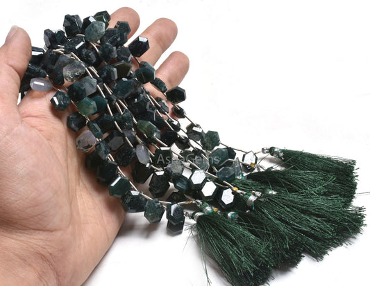 Natural Moss Green Agate Hexagon Shape Faceted Beads,8-12 mm Fine Moss Agate Side Drill Fancy Briolette Gemstone Beads Jewelry Makings SALE