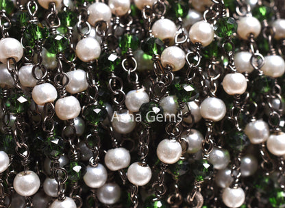 Beautiful Pearl, Chrome Green Hydro Beads Rosary Chain,3 mm Black Plated Gunmetal Wire Wrap Faceted Rondelle Beads Chain Jewelry Making SALE