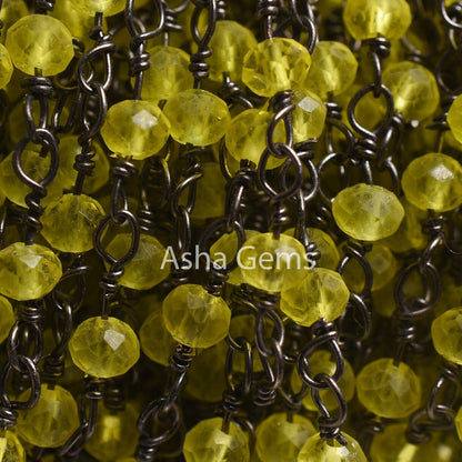 AAA Lemon Quartz Hydro Faceted Beads Rosary Chain,3mm Black Plated Wire Gunmetal Chain Rondelle Beads Handmade Chain Necklace Jewelry making