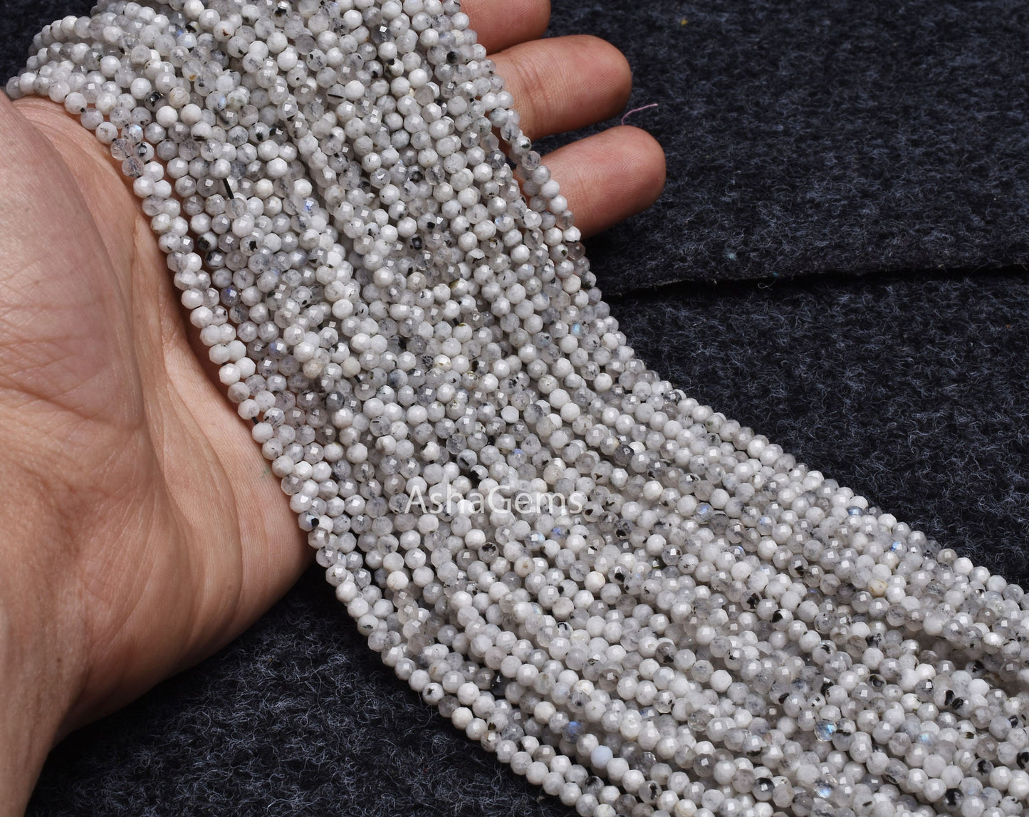 3 mm Rare Moss rainbow Moonstone Faceted Rondelle Beads, Natural Black Dot White Rainbow Machine Cut Gemstone Beads, Blue Fire Rainbow Beads