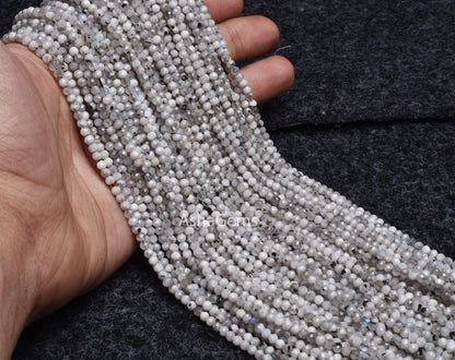 3 mm Rare Moss rainbow Moonstone Faceted Rondelle Beads, Natural Black Dot White Rainbow Machine Cut Gemstone Beads, Blue Fire Rainbow Beads