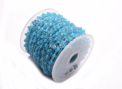 AAA Blue Milky Chalcedony Hydro Beads Rosary Chain by feet,4 mm Silver Plated Wire Wrap Micro Cut Rondelle Faceted Bead Chain Rosary Jewelry