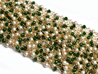 Beautiful White Pearl Chrome Diopside Hydro Faceted Rondelle Beads Rosary Chain Gold Plated Wire Wrapped Chain Jewelry making Finding, Chain