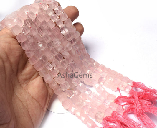 Natural Pink Rose Quartz Faceted Box Shape Beads,8" Strand Rose Quartz Cube beads, Pink Gemstone 3D Cube Box Beads For Jewelry Making Crafts