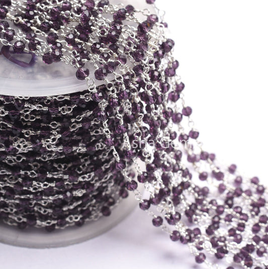 1,5,10,50 Feet Chain Purple Amethyst Hydro Faceted Rondelle Beads Rosary Chain 3-3.5 mm Silver Plated Jewelry Crafts, Purple Crystal Chain
