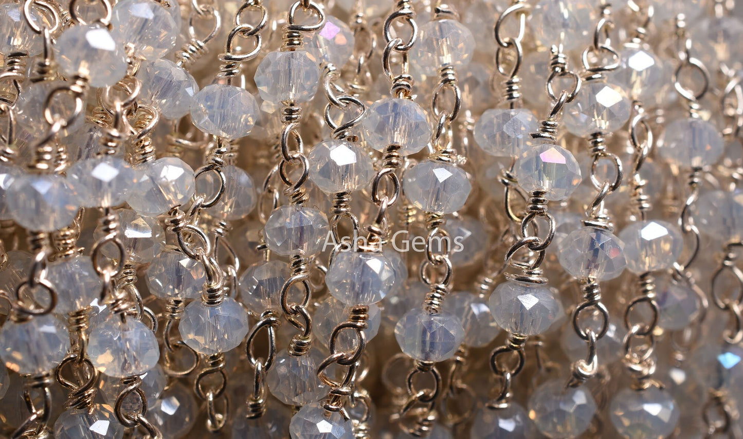 3,5,10,25 Feet Roll Bulk, Rainbow Moonstone Hydro Silver Coated  Rondelle Faceted Rosary Chain, Silver Plated Wire Bulk Chain Jewelry Making