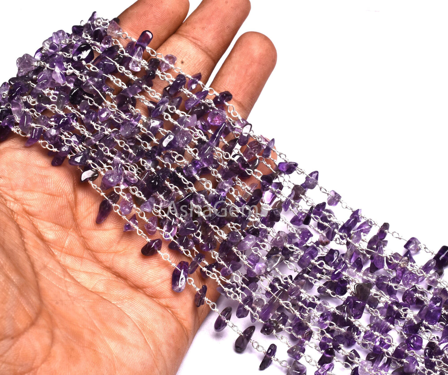 Nugget Rosary Chain,3,5,10 By Feet,Natural Purple African Amethyst Uncut Chips Beaded Rosary Chain,Gold,Silver Plated Wire,Chain,Bulk Roll