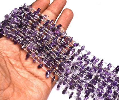 Nugget Rosary Chain,3,5,10 By Feet,Natural Purple African Amethyst Uncut Chips Beaded Rosary Chain,Gold,Silver Plated Wire,Chain,Bulk Roll