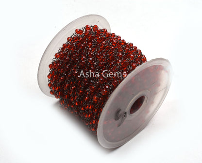 3-3.5 mm Red Quartz Hydro Jewelry Crafts Rosary Chain 1-50 Feet Red Quartz Faceted Rondelle Bead Chain Black Metal Wire Plated Finding Chain