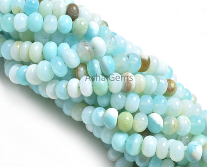Shaded Blue Peru Opal Rondelle Shape Beads,16"Strand Sky Blue Opal Smooth Handmade Gemstone Loose Beads, Opal Bead Jewelry Making Craft SALE
