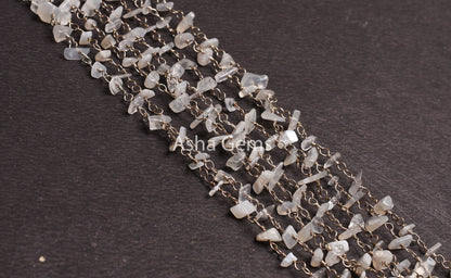 Natural White Moonstone Uncut Chip Beads Rosary Chain, Gemstone Beaded Chain Silver Plated Wire Roll handmade Chain Jewelry Necklace Crafts