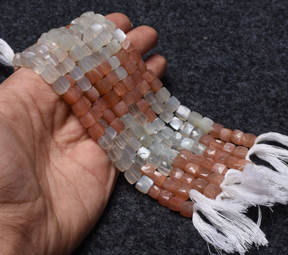 Beautiful AAA moonstone faceted Cube Box Beads, Natural Multi Moonstone Box Gemstone beads,8" Strand White Pink Shaded Moonstone cube Beads
