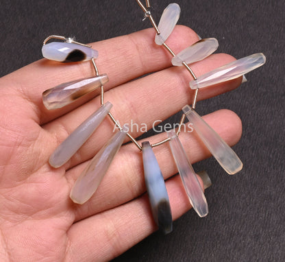 Bio Chalcedony Fancy Long Drop Faceted Gemstone Beads, Shaded White Brown Bio Chalcedony Pencil Teardrop Gemstone Beads Jewelry Making Craft