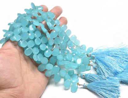 Beautiful Aqua Blue Chalcedony Hydro Fancy Shape Gemstone Beads,9-12.5 mm AAA Chalcedony Hydro Faceted Egg Shape Briolette Side Drill Beads