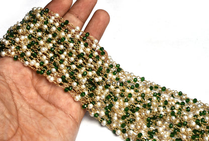 Beautiful White Pearl Chrome Diopside Hydro Faceted Rondelle Beads Rosary Chain Gold Plated Wire Wrapped Chain Jewelry making Finding, Chain