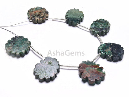 Natural Green Agate Jasper Flat Rough Slice Carving Handmade Beads, Jasper Uneven Raw Polish Gemstone Carve Side Drill Beads Jewelry Crafts