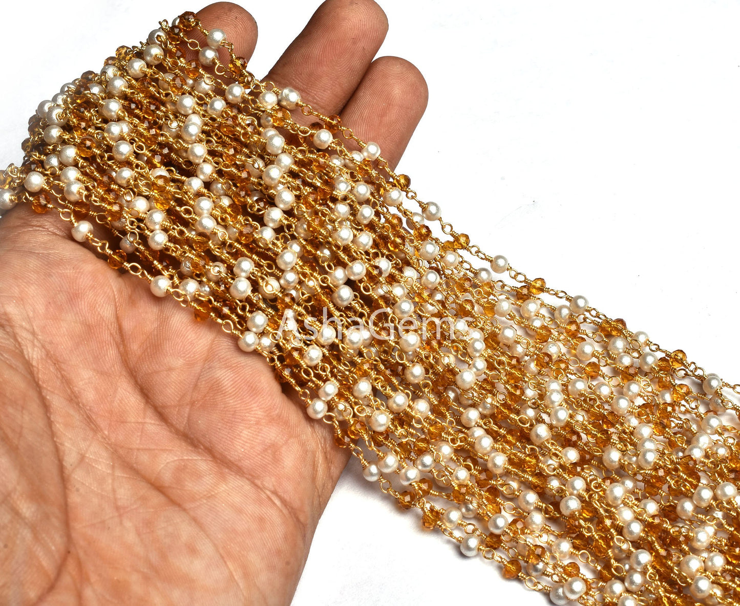 Multi Pearl brown Quartz Hydro Rondelle Beads Rosary Chain By Foot, Gold Plated Wire Wrap Bulk Roll Chain handmade Jewelry making Craft sale