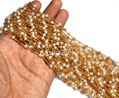 Multi Pearl brown Quartz Hydro Rondelle Beads Rosary Chain By Foot, Gold Plated Wire Wrap Bulk Roll Chain handmade Jewelry making Craft sale