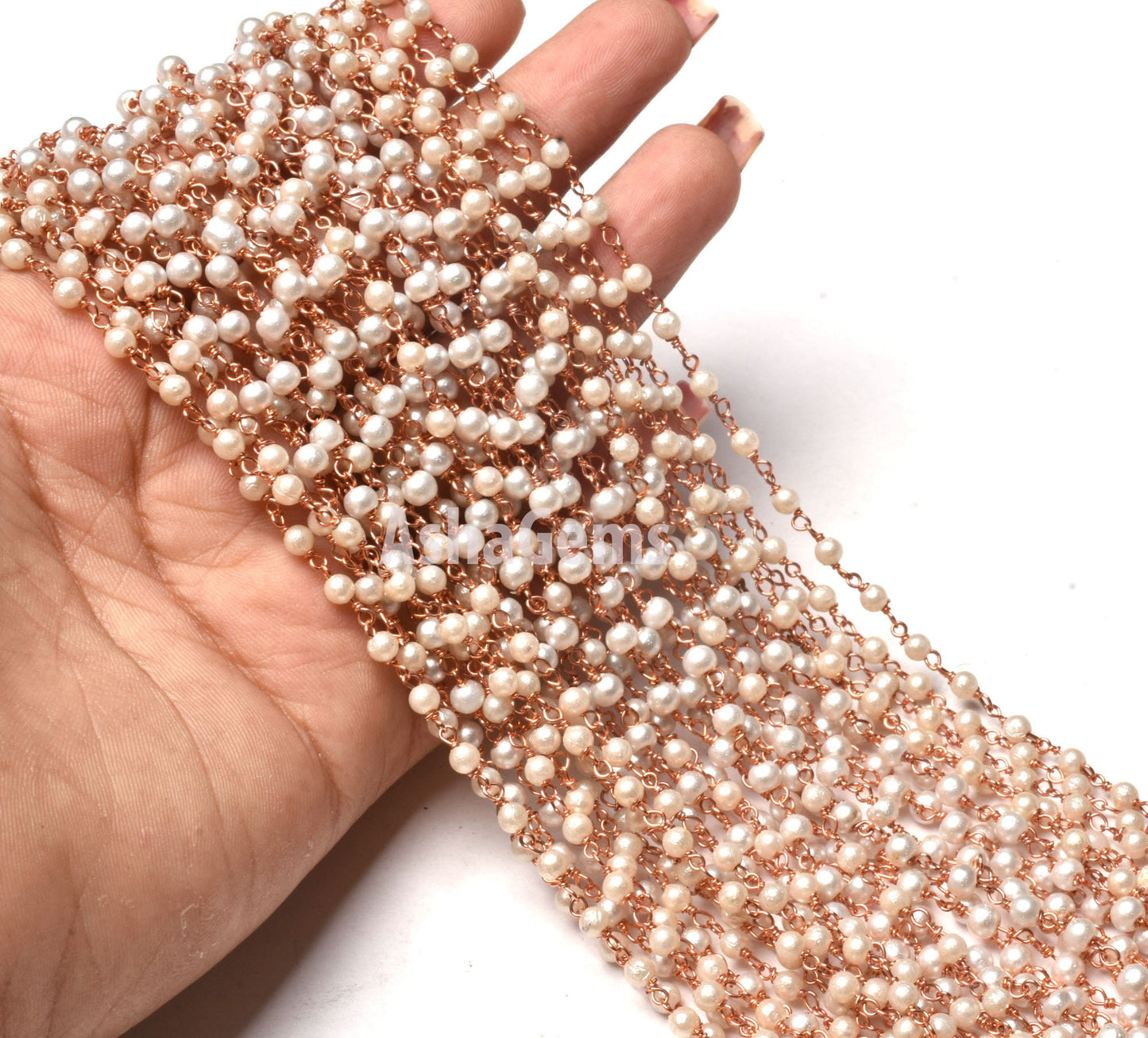 5,10,25,50 Ft Pearl Hydro Rondelle Beads Rosary Chain Rose Gold,Gold Plated Jewelry Making Finding,Wire Wrap Chain 3-3.5mm,White Pearl Chain