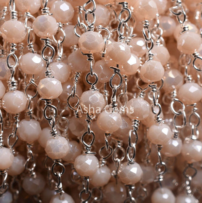 Silver Plated 3,5,10,25Ft,Pink Opal Hydro Coated Rondelle Faceted Beaded Rosary Chain Wire Bulk Roll Finding Chain 3-3.5mm Bead Rosary Chain