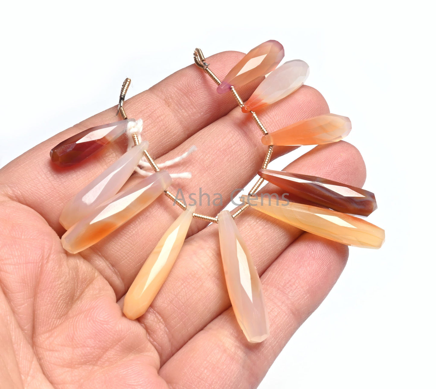 Shaded White Orange Red Chalcedony Fancy Pencil Drops Faceted Beads, 6x21-7x31mm Chalcedony Long Teardrop Briolette Gemstone Beads Jewelry