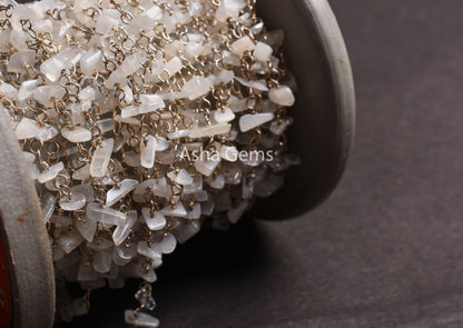 Natural White Moonstone Uncut Chip Beads Rosary Chain, Gemstone Beaded Chain Silver Plated Wire Roll handmade Chain Jewelry Necklace Crafts