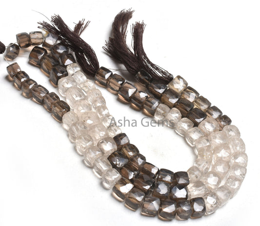 Shaded Smoky Quartz Faceted 3D Cube Box Gemstone Beads,8" Strand Natural Smoky Box Cube Beads, Fine Smoky Bead Jewelry Making Craft SALE
