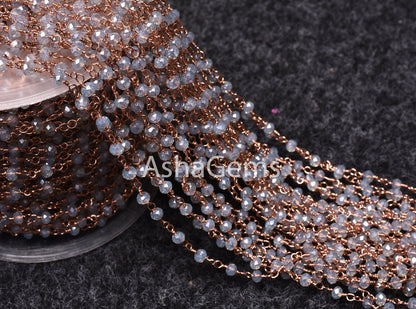 Beautiful Rainbow Moonstone Hydro Silver Coated Faceted Beads Rosary Chain By Feet,3mm Copper Plated Wire Wrap Bulk Chain For Jewelry Making