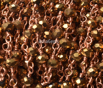 3,5,10,50 Feet Gold Pyrite Hydro Faceted Rondelle Beaded Rosary Chain,3mm,Rose Gold Plated,Wire Wrapped ,Finding,Jewelry Making,Rosary Chain
