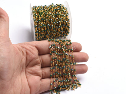 3,10,50 Feet Green Hydro Coated Beads Rosary Chain, Gold Plated Wire Wrap 3mm Micro Cut Rondelle Beaded Chain Jewelry Making handicraft SALE
