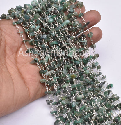 Natural Green Malachite Uncut Chip Beads Rosary Chain Silver, Gold Plated Wire Bulk roll chain Wholesale Beaded Rosary For Necklace Jewelry