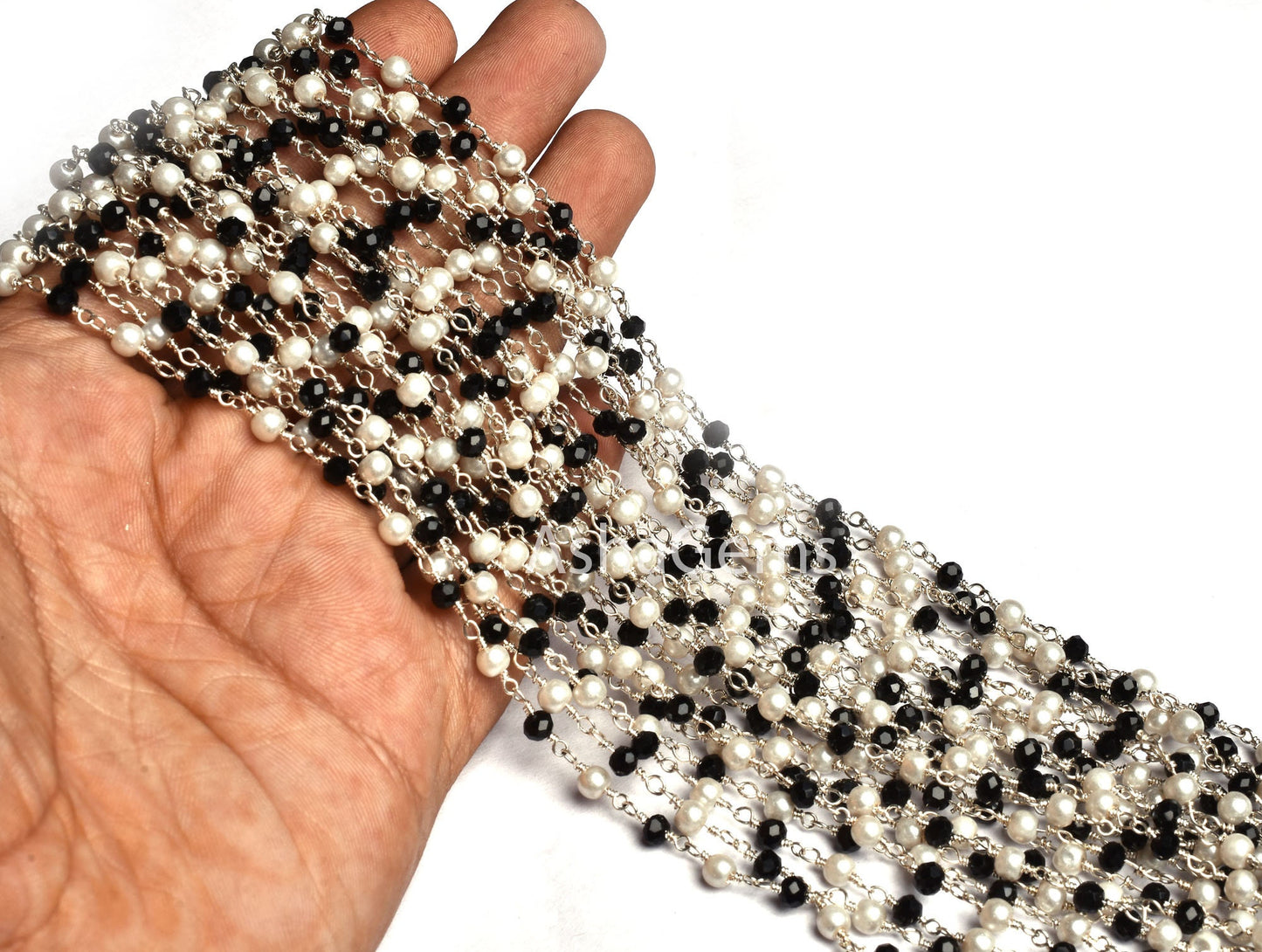3,5,10,25,50 Feet Pearl Black Onyx Hydro Beads Rosary Chain Silver Plated Chain Faceted Rondelle Beads Rosary Chain Jewelry Making Chain DIY