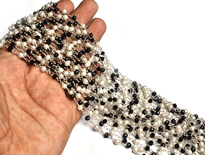 3,5,10,25,50 Feet Pearl Black Onyx Hydro Beads Rosary Chain Silver Plated Chain Faceted Rondelle Beads Rosary Chain Jewelry Making Chain DIY