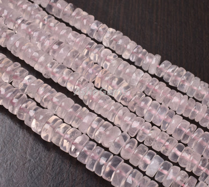 Natural Rose Quartz Smooth Heishi Tyre Gemstone Beads, Pink Rose Quartz, AAA Rose Quartz Bead Heishi Tyre Center Drill Rose Pink Wheel Beads