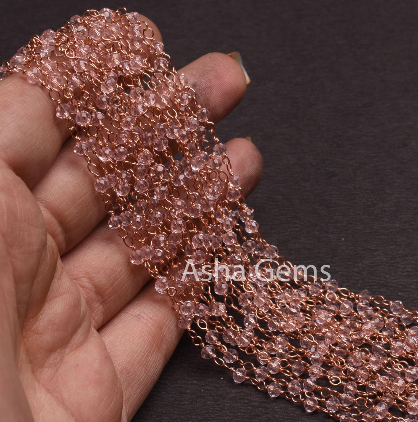 Beautiful Light Pink Quartz Hydro Faceted Rondelle Beads Rosary Chain Rose Gold Plated Copper Wire Wrap handmade Beaded Chain Jewelry Making