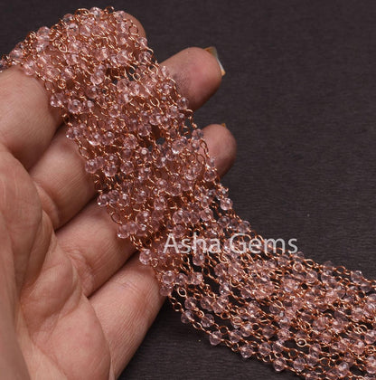 Beautiful Light Pink Quartz Hydro Faceted Rondelle Beads Rosary Chain Rose Gold Plated Copper Wire Wrap handmade Beaded Chain Jewelry Making