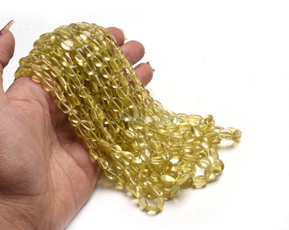 Fine Lemon Quartz Smooth Oval Shape Gemstone Beads,15" Strand Natural Yellow Lemon Quartz Plain Handmade Oval Straight Drill Beads Jewelry