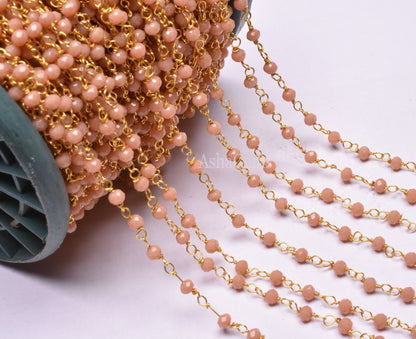 AAA Peach Moonstone Hydro Faceted Rondelle Beads Rosary Chain Gold Plated Wire Wrap Beaded handmade Chain Rosary Jewelry making Necklace 3mm