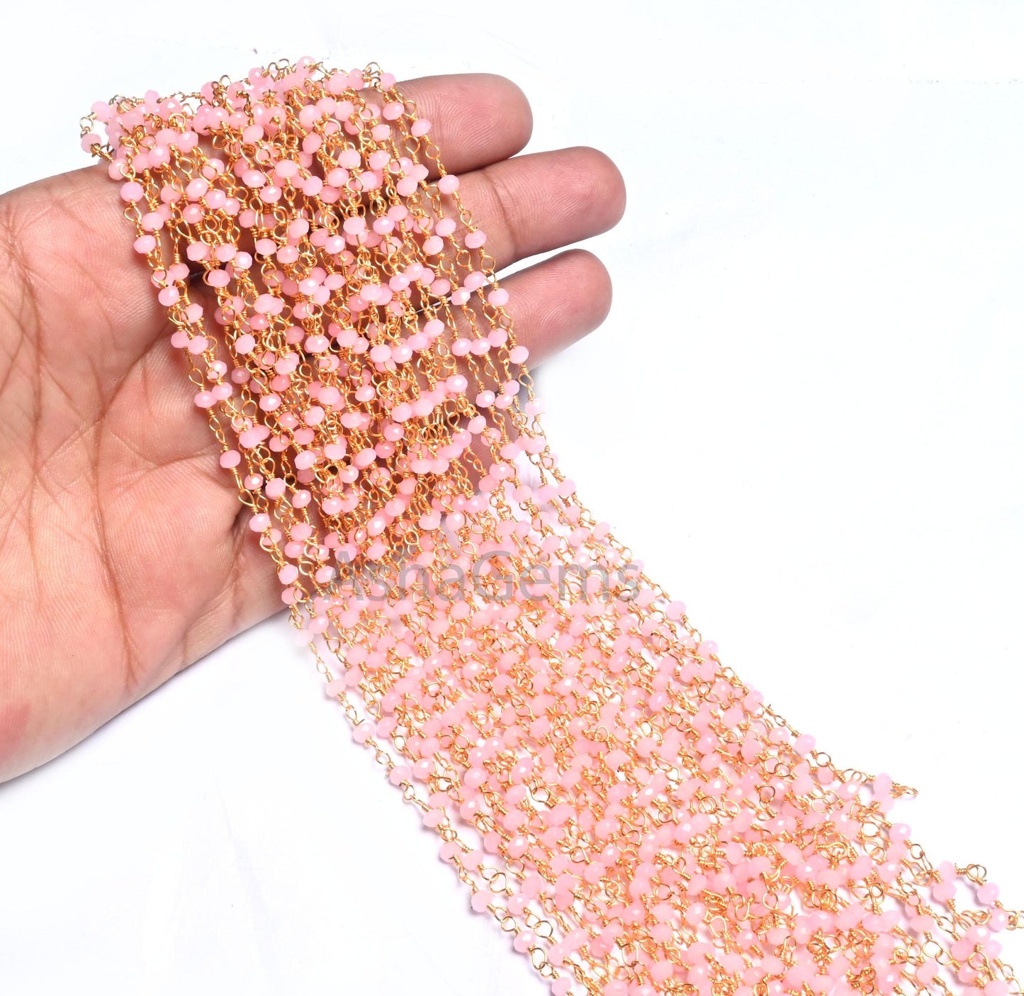 1,5,10,50 Feet Bulk Chain Pink Rose Quartz Hydro Faceted Rondelle Beads Rosary Chain Gold Plated Wire Chain Jewelry Making Chain DIY Finding